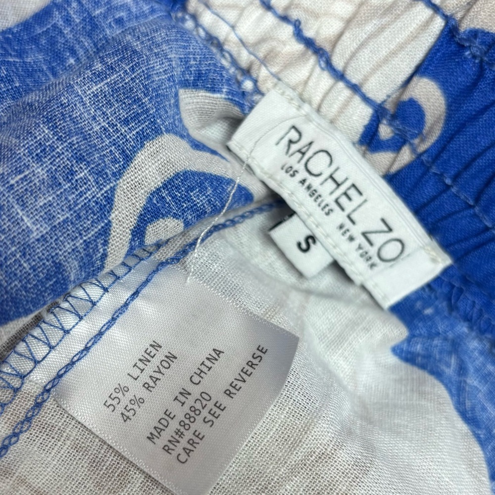 Rachel Zoe Blue Tan leaf Pattern wide leg high rise Linen Blend Pants small - Picture 2 of 7